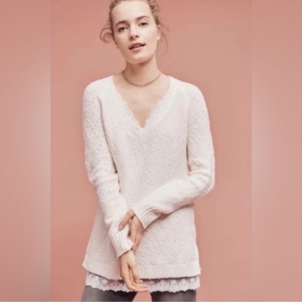 Anthropologie Knitted and Knotted Ivory Lace Betten Knit Sweater Size Small